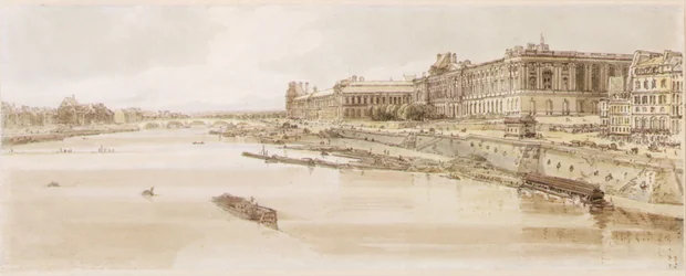 PD.5-1983 Utsikt över Louvren och Pont des Tuileries från Pont Neuf, ca 1801 (etsning, grafit och wc)